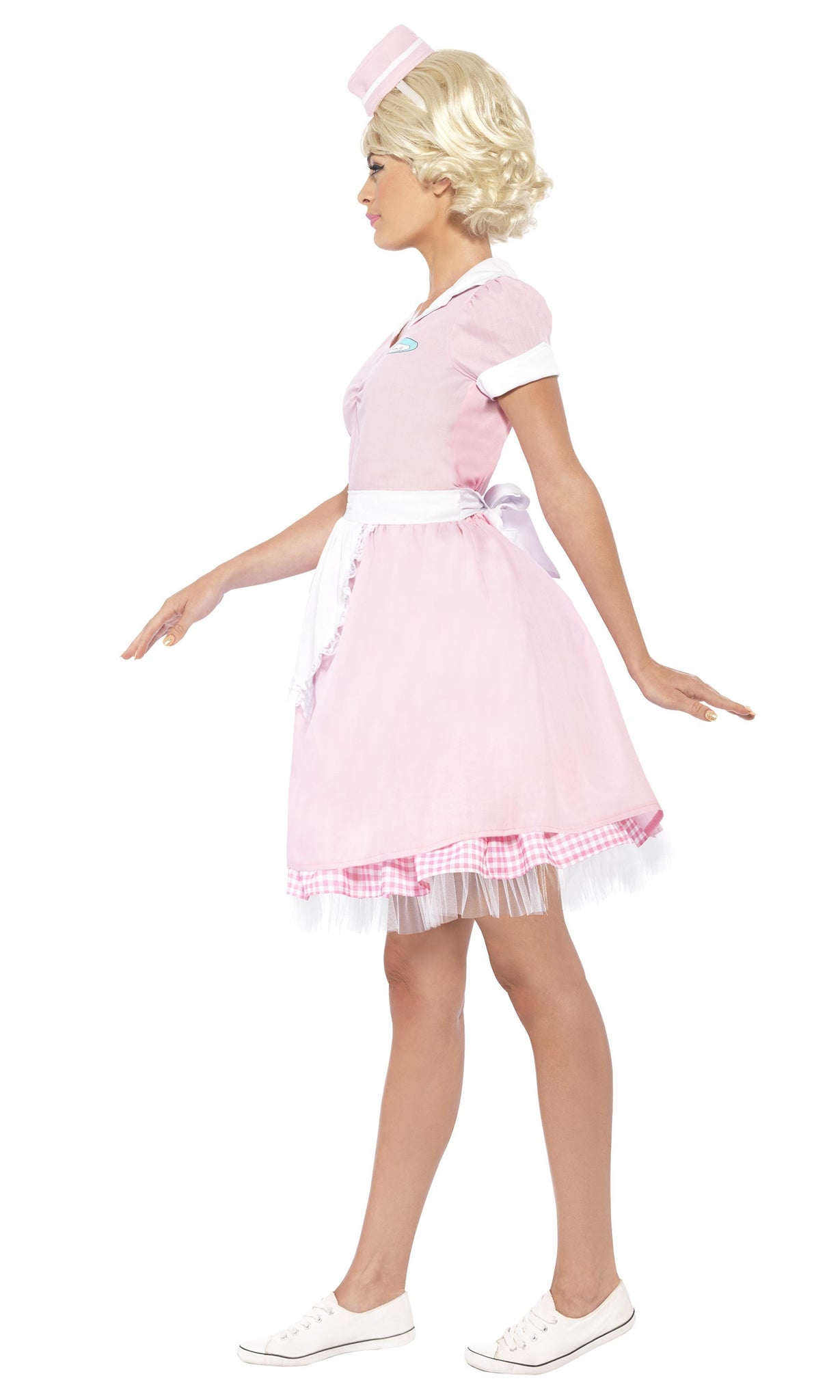 Side of pink 1950s diner dress with matching hat and small apron