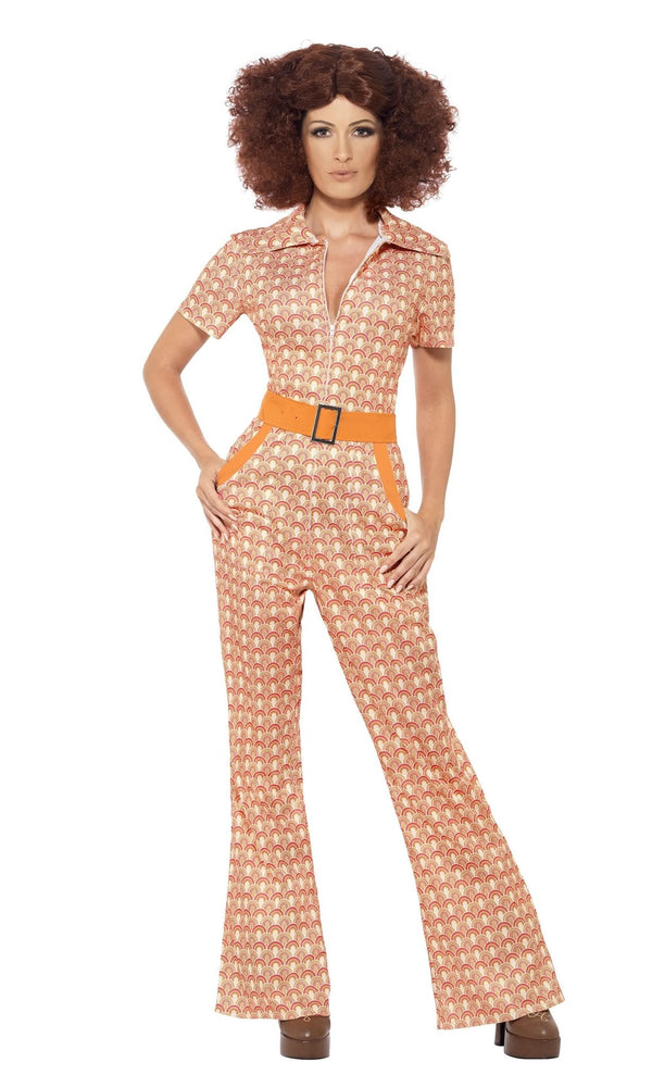 Orange 70s jumpsuit with belt front