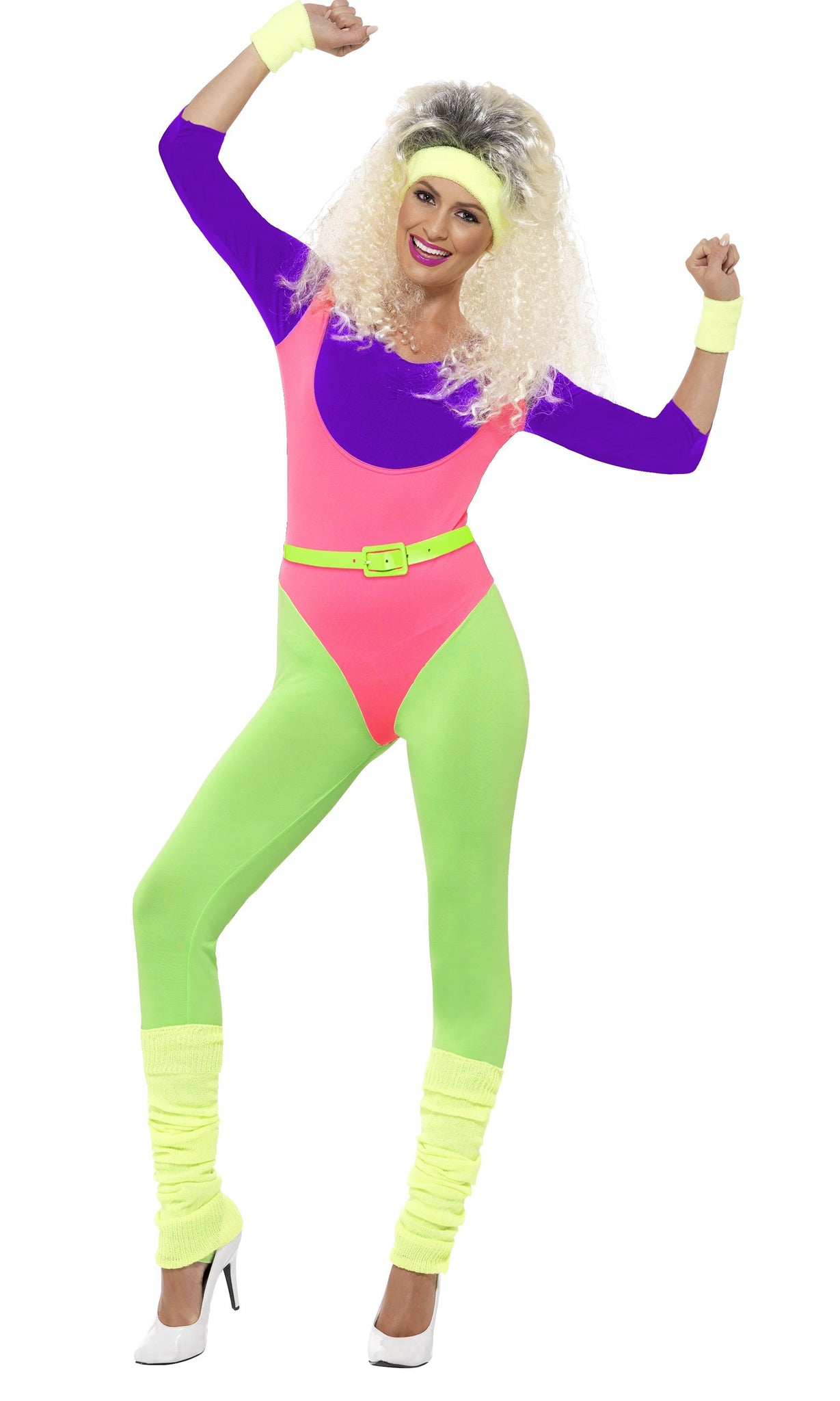 80s workout aerobics jumpsuit costume with headband, wristbands and legwarmers