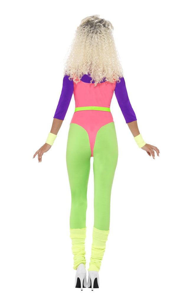 Back of 80s workout aerobics jumpsuit costume with headband and wristbands