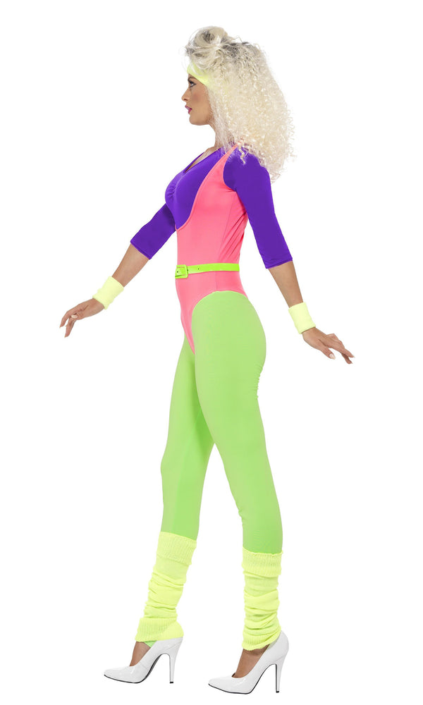 Side of 80s workout aerobics jumpsuit costume with headband and wristbands