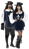 Musketeer dress with black hat and feather next to male musketeer