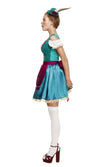 Side of turquoise green lace trim dress with petticoat and pink apron, with green mini hat