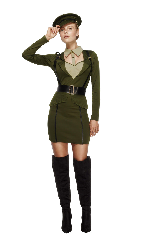 Short green army captain costume with body harness belt and hat