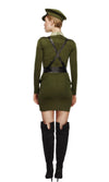 Back of short green army captain costume with body harness belt and hat