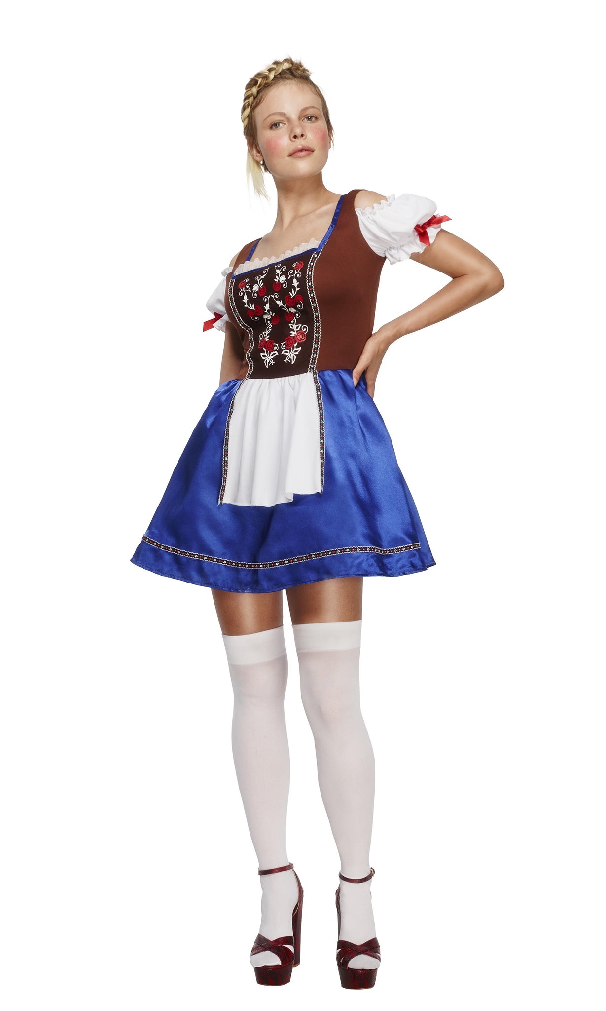 Short blue and brown Dirndl dress with apron and petticoat