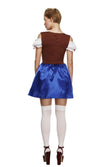 Back of short blue and brown Dirndl dress with apron and petticoat