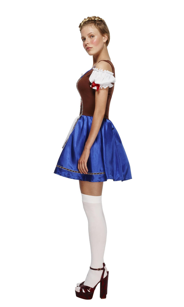 Side of short blue and brown Dirndl dress with apron and petticoat