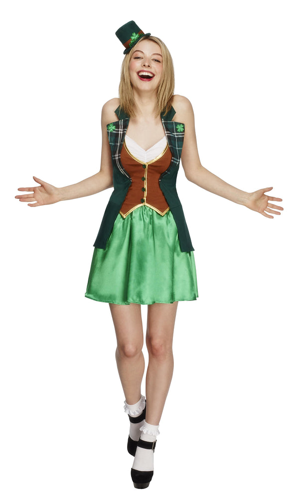 Short green Saint Patricks costume with skirt, jacket and vest, with mini top hat