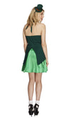 Back of short green Saint Patricks costume with skirt, jacket and vest, with mini top hat