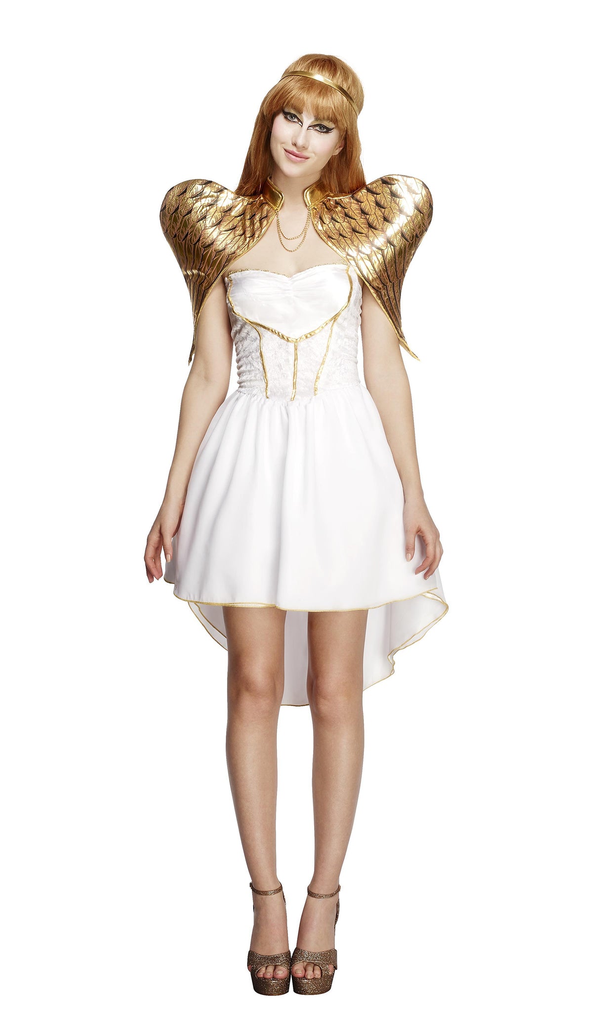 Short white Angel costume with headband and gold wings