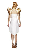 Back of short white Angel costume with headband and gold wings