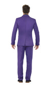 Back of purple suit with pants, jacket and tie