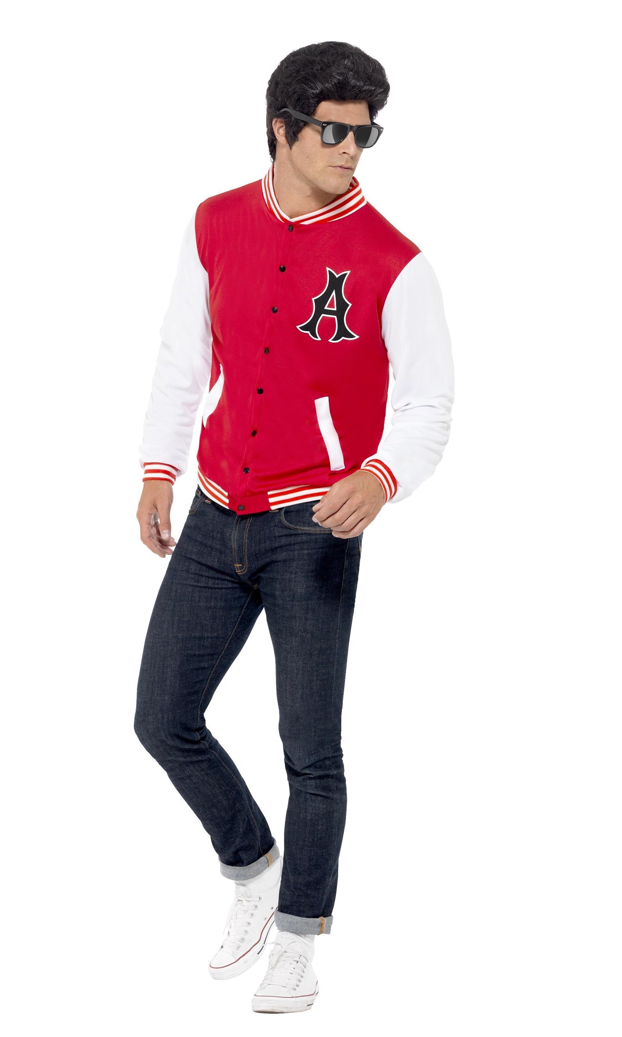 Red and white letterman college jacket