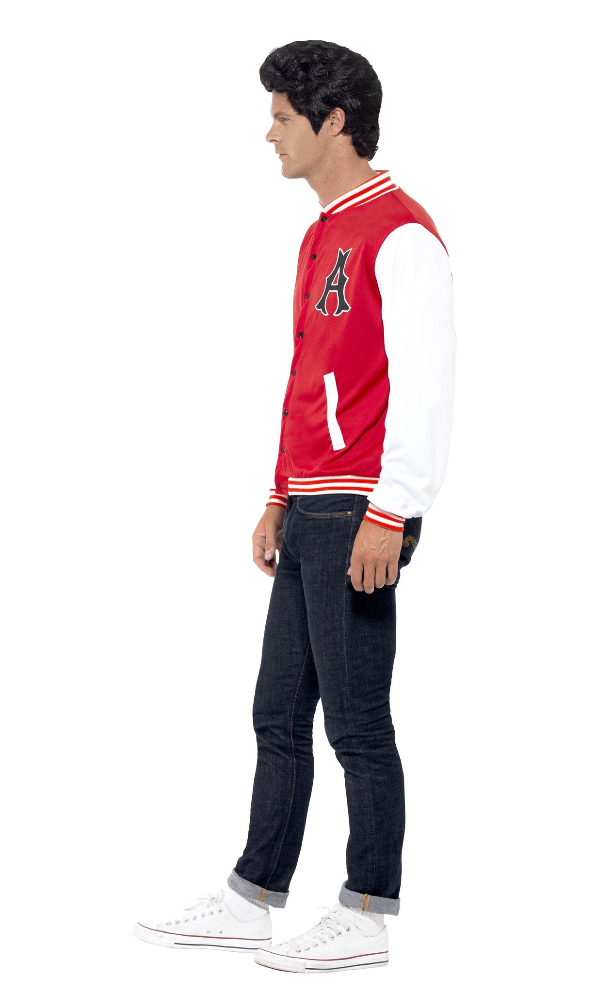 Side of red and white letterman college jacket