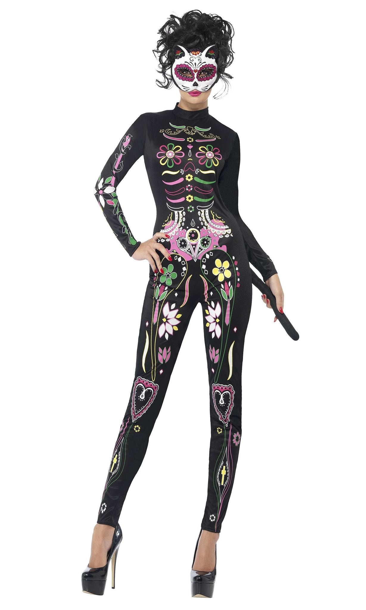 Sugar Skull day of the dead catsuit with attached tail