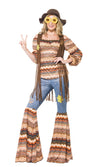 Pattered hippy costume with flared denim look pants, top and brown tassel waistcoat