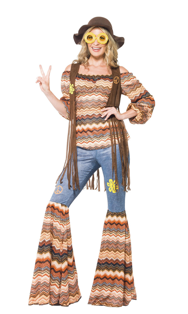 Pattered hippy costume with flared denim look pants, top and brown tassel waistcoat