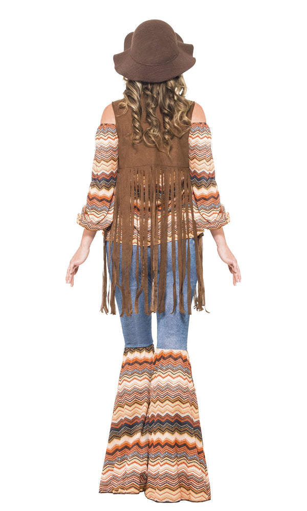 Back of pattered hippy costume with flared denim look pants, top and brown tassel waistcoat
