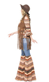 Side of pattered hippy costume with flared denim look pants, top and brown tassel waistcoat