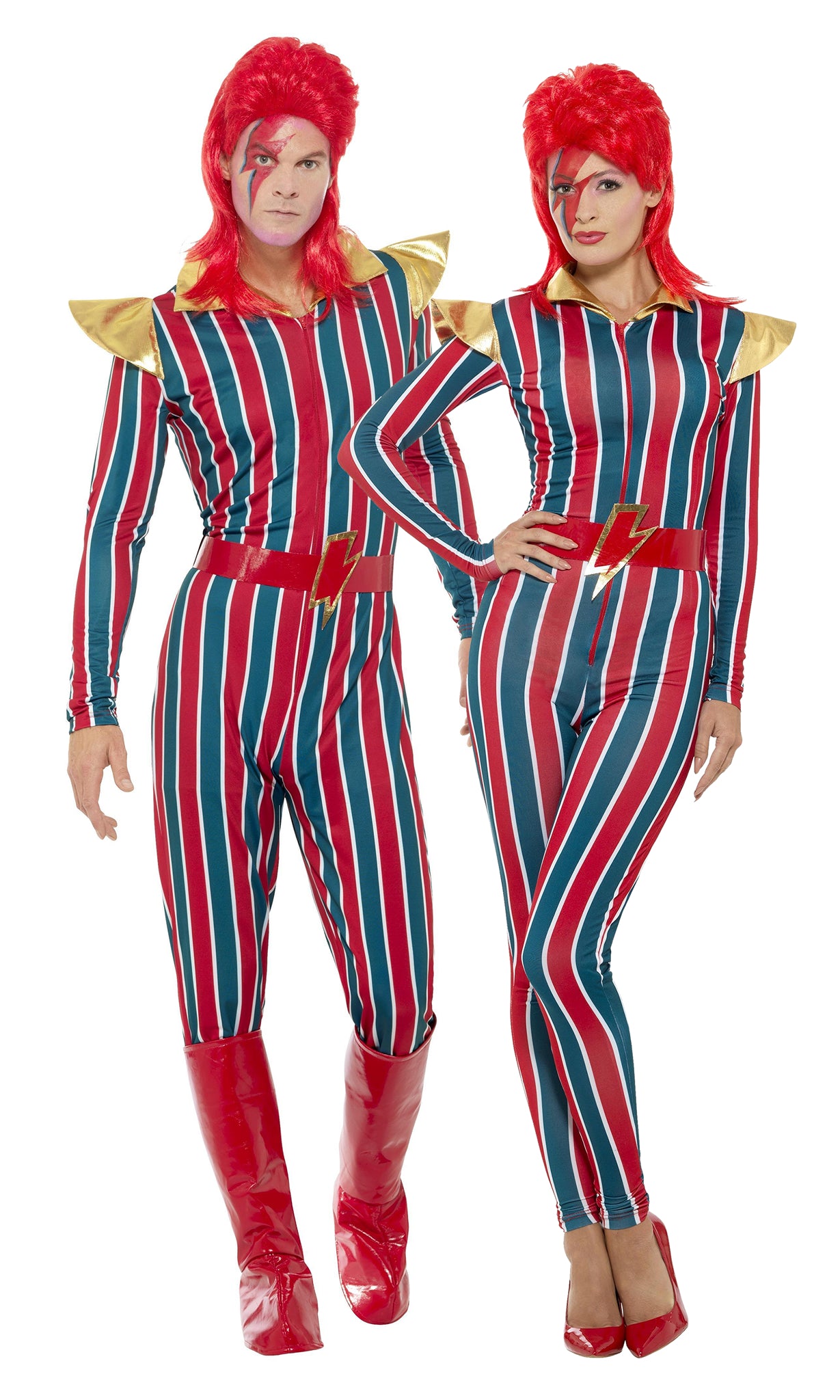Blue and red David Bowie space superstar costume couple with boot covers