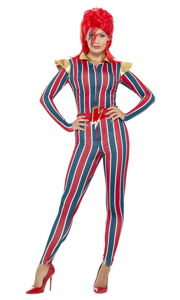 Women's blue and red David Bowie space superstar costume with boot covers