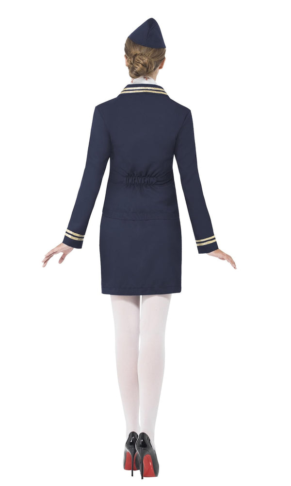 Back of blue airway attendant jacket, skirt, neck scarf and hat with plane logo