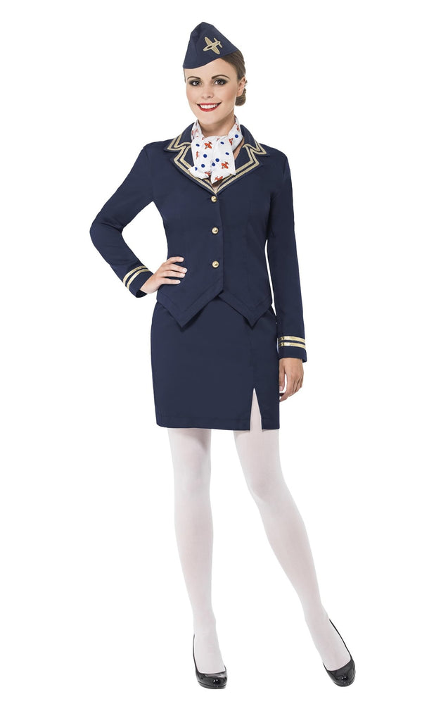 Blue airway attendant jacket, skirt, neck scarf and hat with plane logo