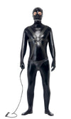 Black gimpsuit with long sleeves and full mask with chainmail thong and attached straps
