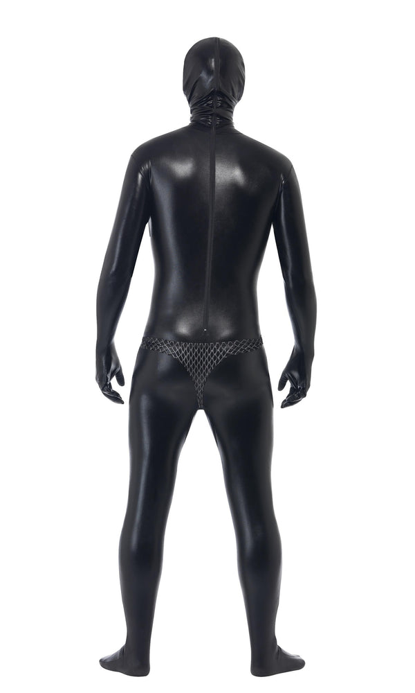 Back of black gimpsuit with long sleeves and full mask with thong