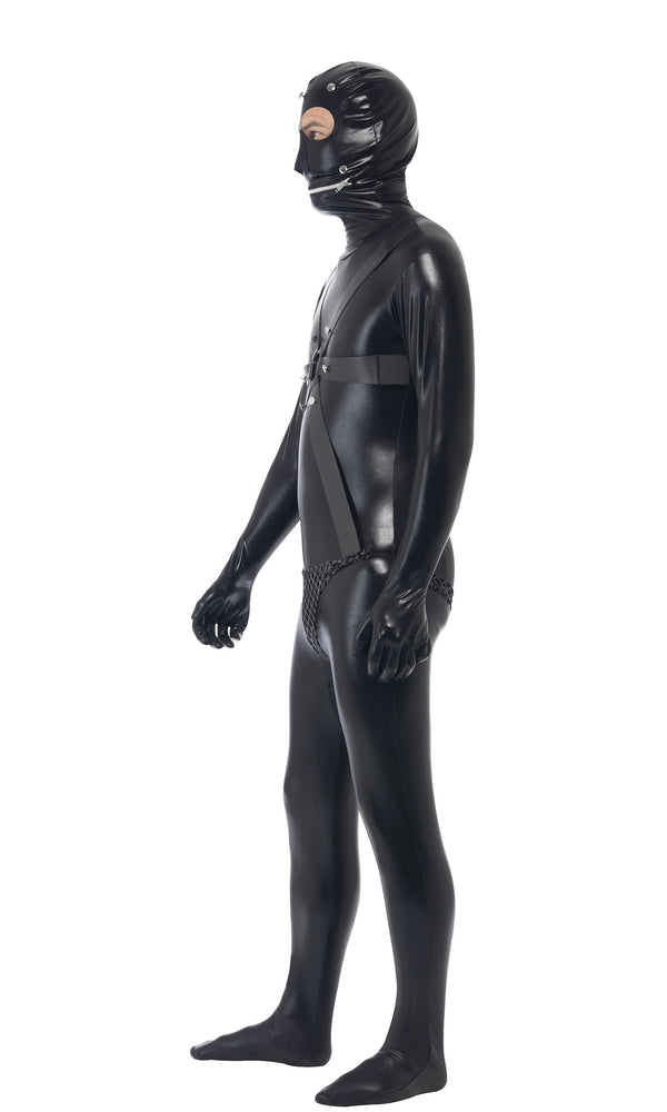 Side of black gimpsuit with long sleeves, full mask, thong and straps