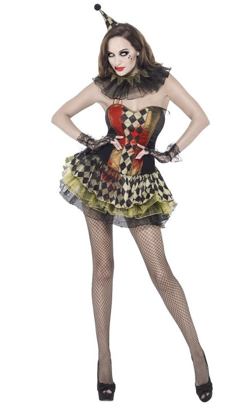 A woman in a zombie style short harlequin clown dress with matching hat