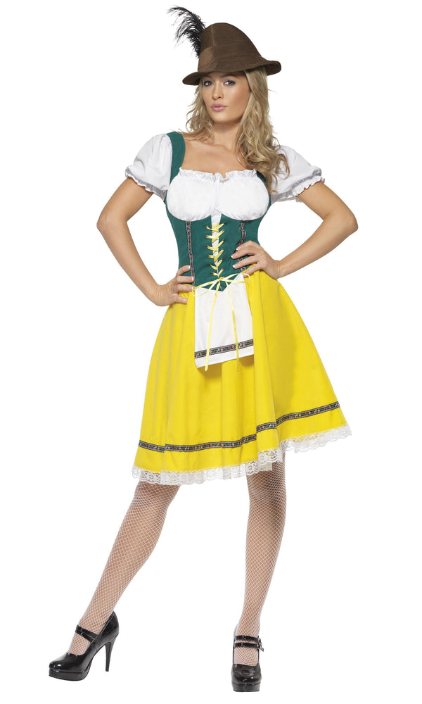 Lace trim yellow, green and white Oktoberfest dress with attached apron