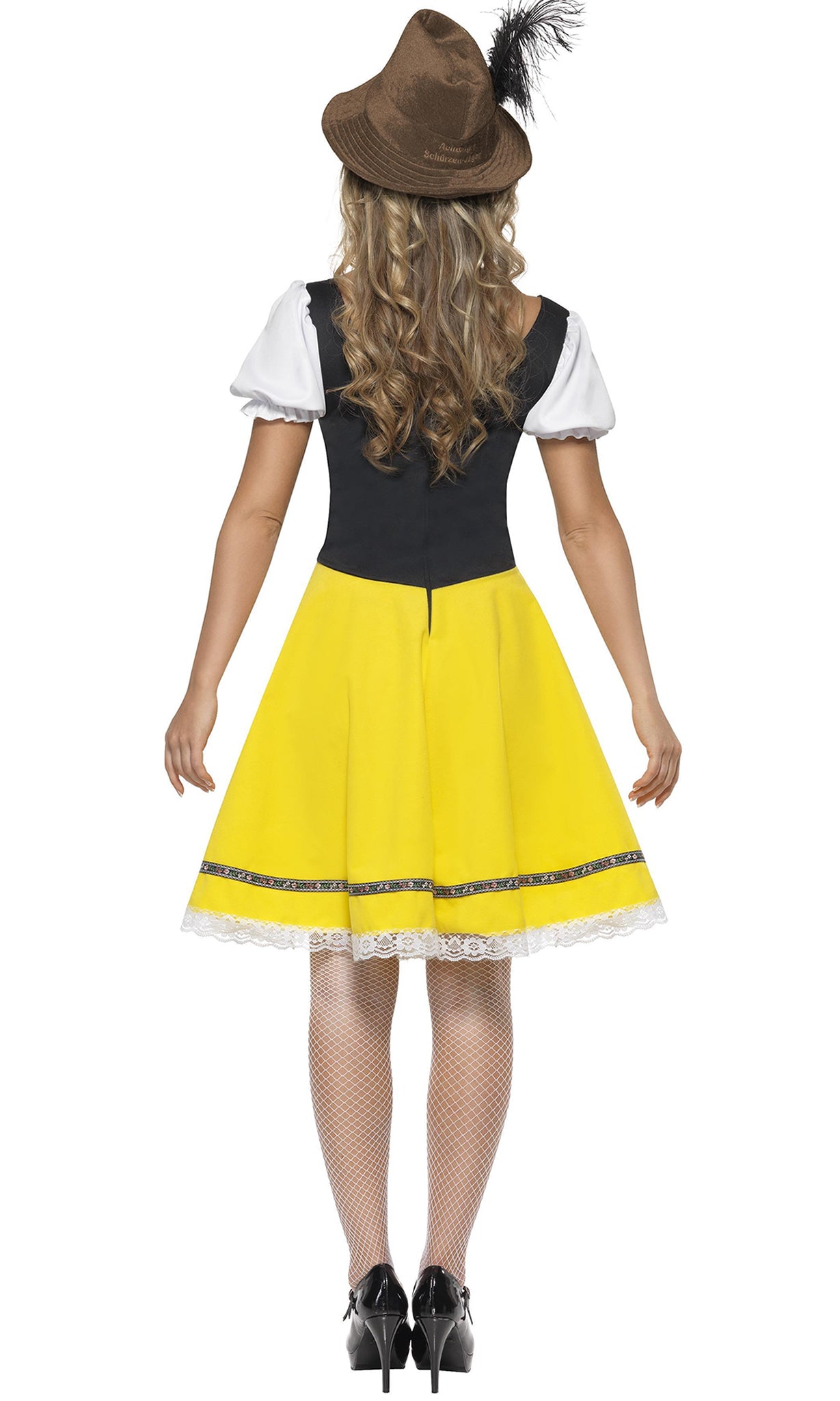 Back of lace trim yellow, green and white Oktoberfest dress with attached apron