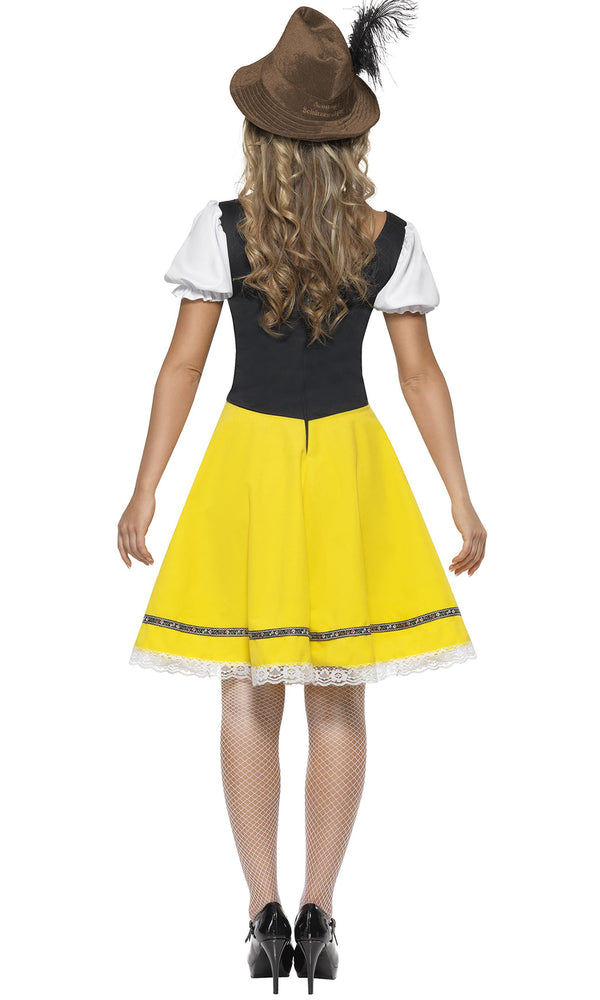 Back of lace trim yellow, green and white Oktoberfest dress with attached apron