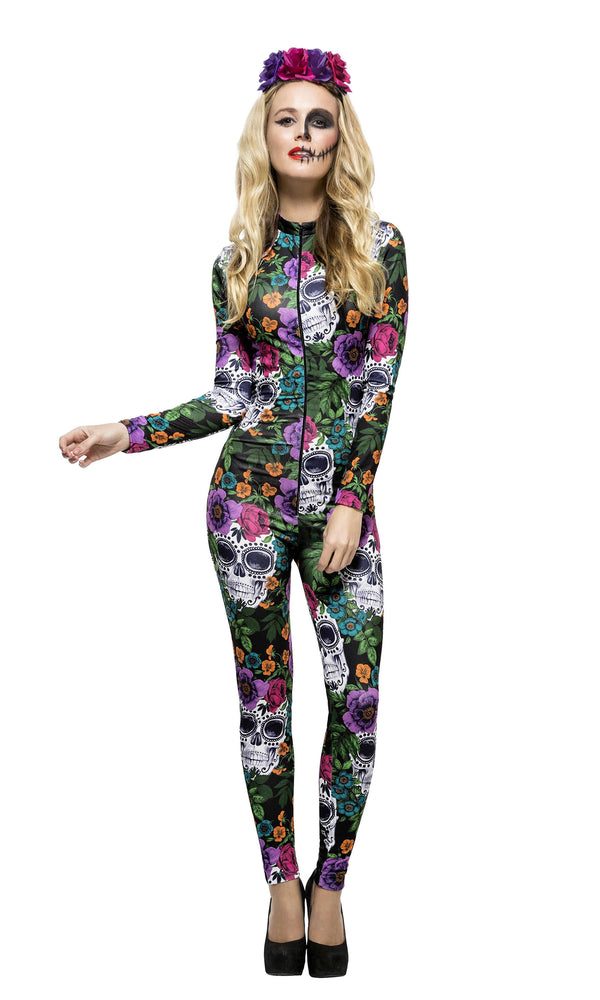 Day of the dead catsuit costume with flower headband