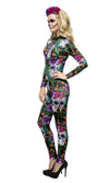 Side of Day of the dead catsuit costume with flower headband