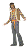 Side of 60s Hippy costume with flower top, waistcoat, pants, sash and headband