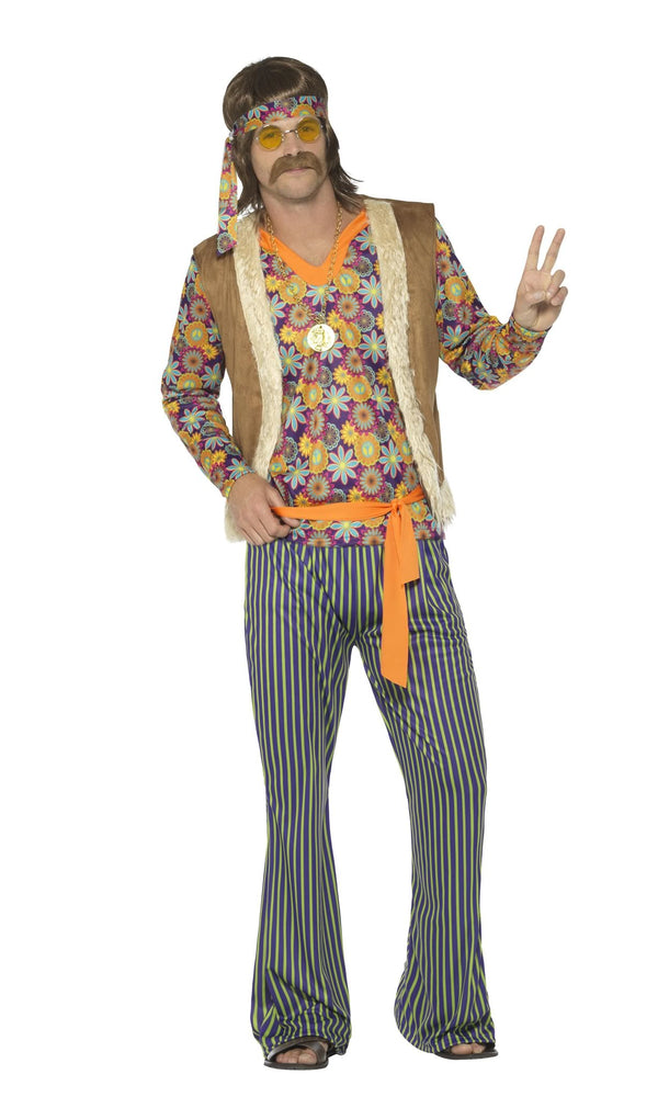 60s Hippy costume with flower top, waistcoat, pants, sash and headband