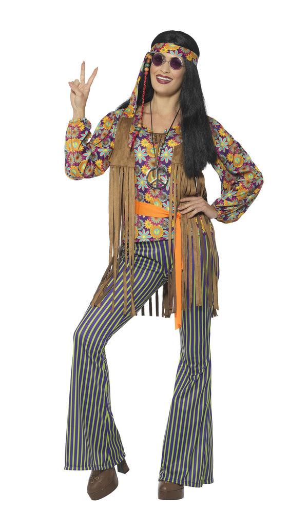 60s Cher flower pattern top with headband and striped flares