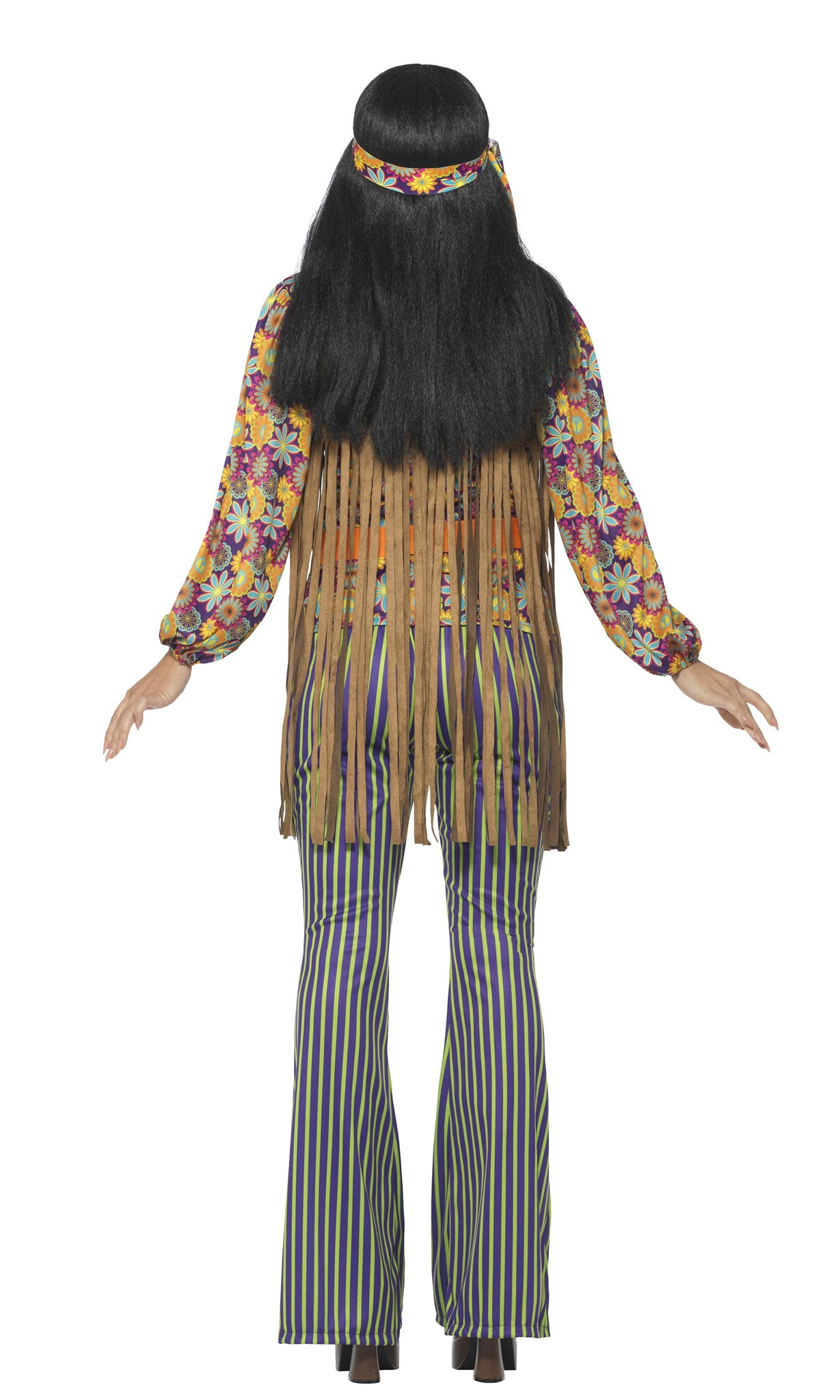 Back of 60s Cher flower pattern top with brown tassels with headband and striped flares