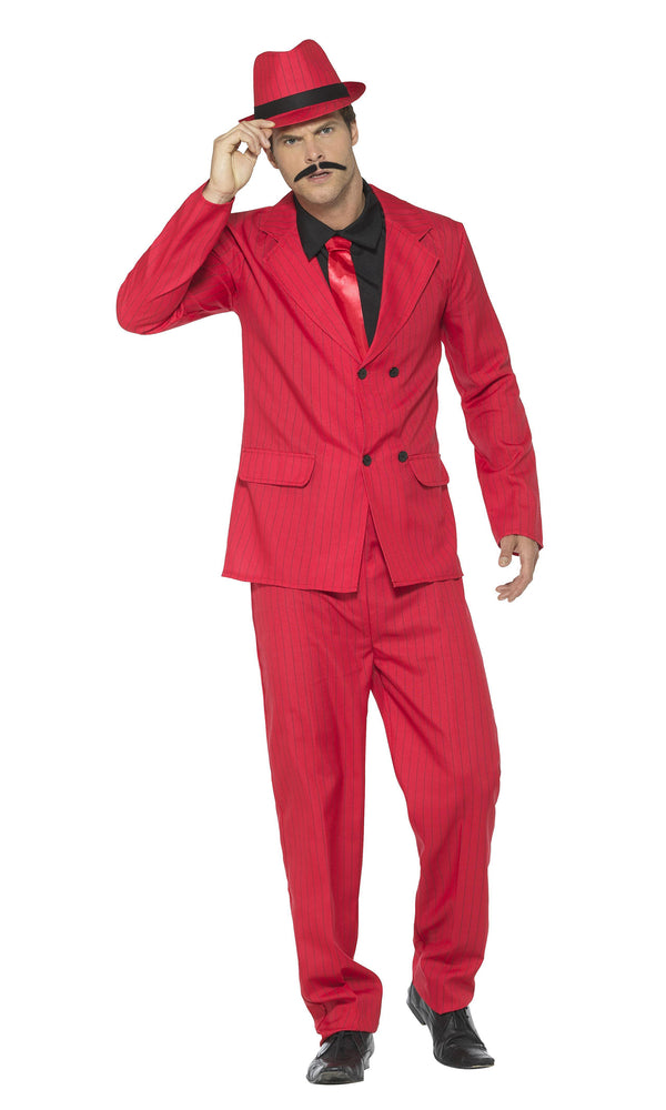 Red pin stripe gangster costume with hat and mock shirt with tie