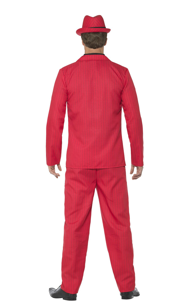 Back of red pin stripe gangster costume with hat and mock shirt with tie