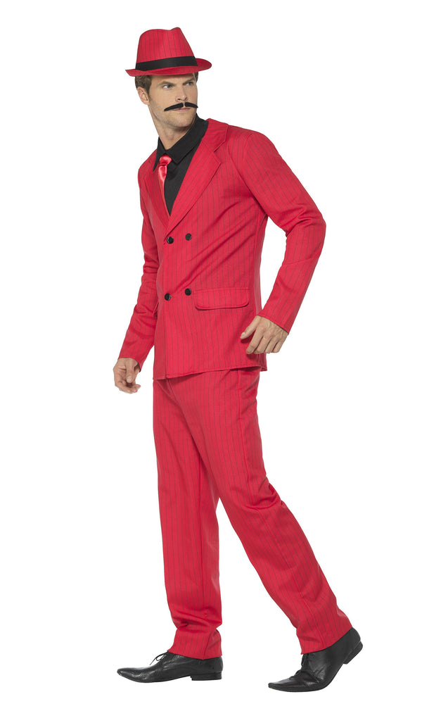 Side of red pin stripe gangster costume with hat and mock shirt with tie