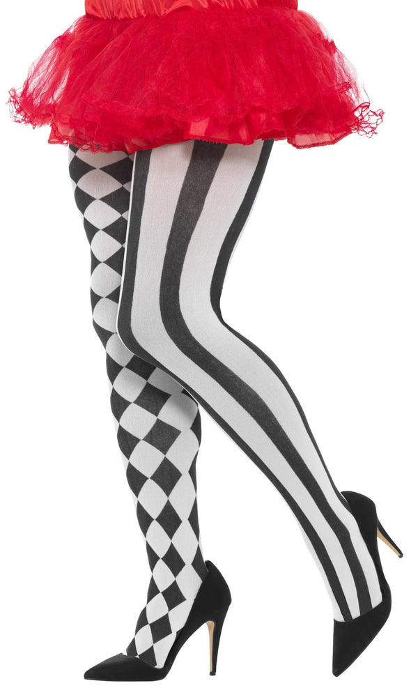 Plus size black and white half checkered, half striped, Harlequin pantyhose