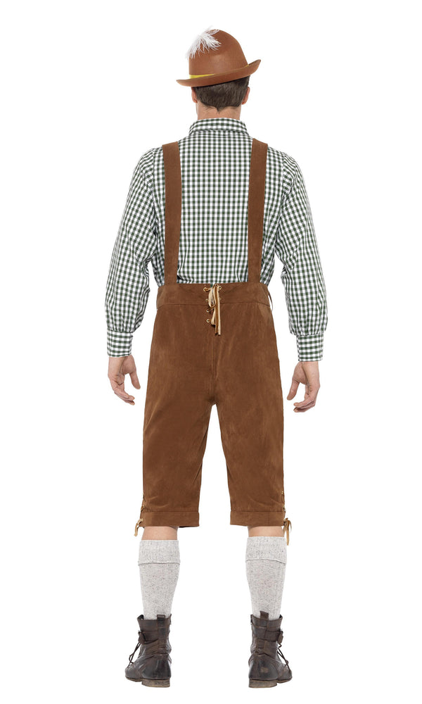 Back of Oktoberfest lederhosen shorts with chequered shirt