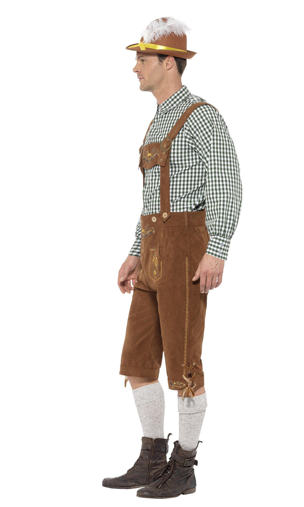 Side of Oktoberfest lederhosen shorts with chequered shirt