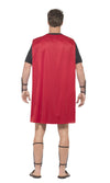 Back of Roman champion costume with red cape and wrist and shin guards