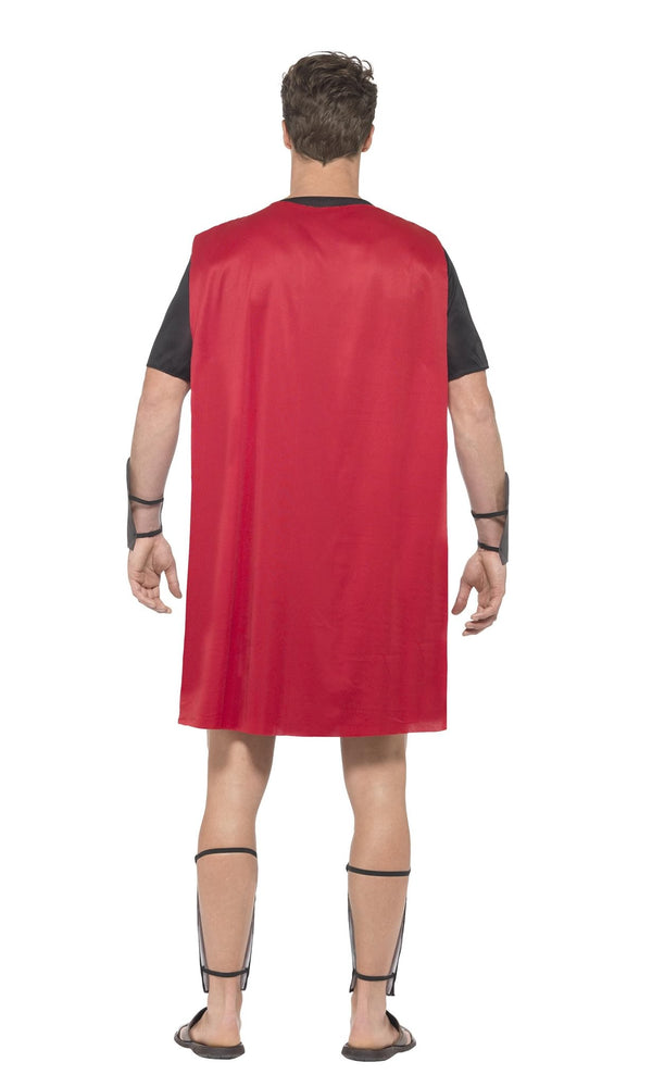 Back of Roman champion costume with red cape and wrist and shin guards
