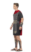 Side of Roman champion costume with red cape and wrist and shin guards